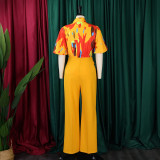 Plus Size Print Short Sleeve Shirt Wide Leg Pants 2 Piece Set GATE-D341
