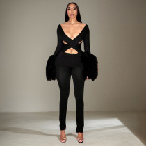 Hollow Out Patchwork Fur Sleeve Tight Jumpsuit GDSF-J25JP409