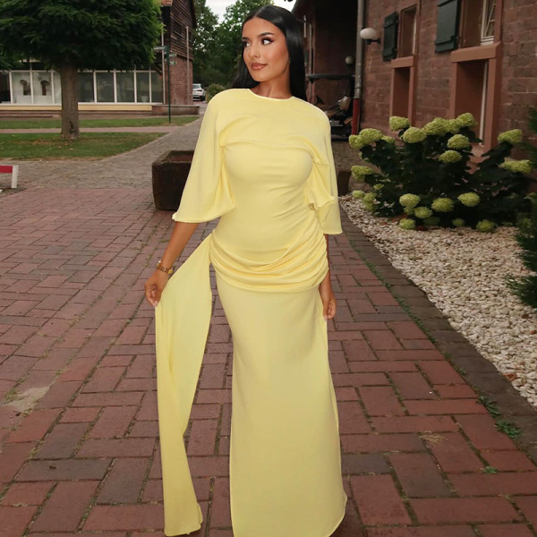Solid Color Backless Lotus Leaf Sleeve Maxi Dress GLAG-D5920189G