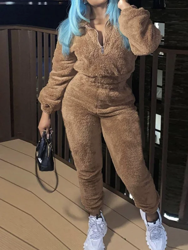 Long Sleeve Solid Color Plush Two Piece Pants Set GXHF-81108