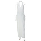Halterneck V Neck Ruched Mesh Maxi Dress GLAG-D5819940F