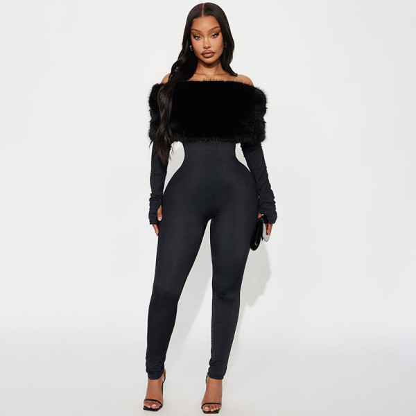 Fur Off Shoulder Long Sleeve Jumpsuit GDSF-J25JP405