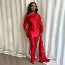 Off Shoulder Lapel Long Sleeve Ribbon Mini Dress GSBD-D25DS481