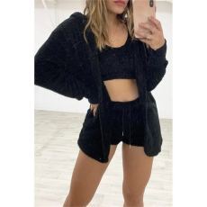 Plus Size Plush Long Sleeve Coat+Vest+Short 3 Piece Set GXHF-HT869