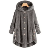 Plus Size Button-Up Hooded Plush Solid-Color Jacket GXHF-885236