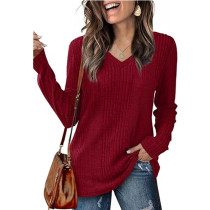 Solid Color V-neck knitted Long Sleeve Top GYOU-CX803