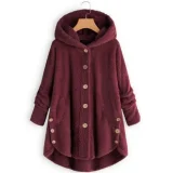 Plus Size Button-Up Hooded Plush Solid-Color Jacket GXHF-885236