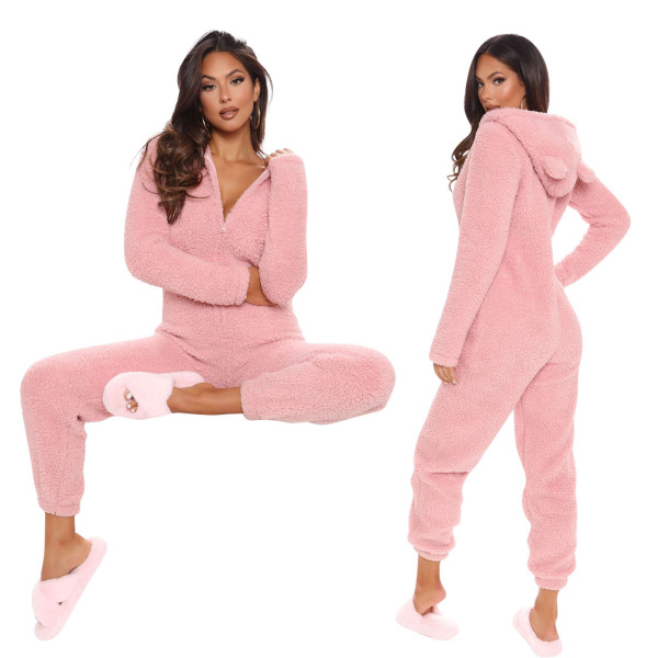 Plus Size Long Sleeve Hooded Plush Jumpsuit GXHF-Y88021