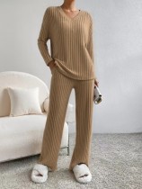 Casual Loose Knit V-Neck Long Sleeve And Pants Suit GYOU-CX23082701
