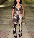 Print Halterneck Tie Up Jumpsuit GXHF-M80915