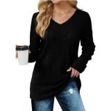 Solid Color V-neck knitted Long Sleeve Top GYOU-CX803