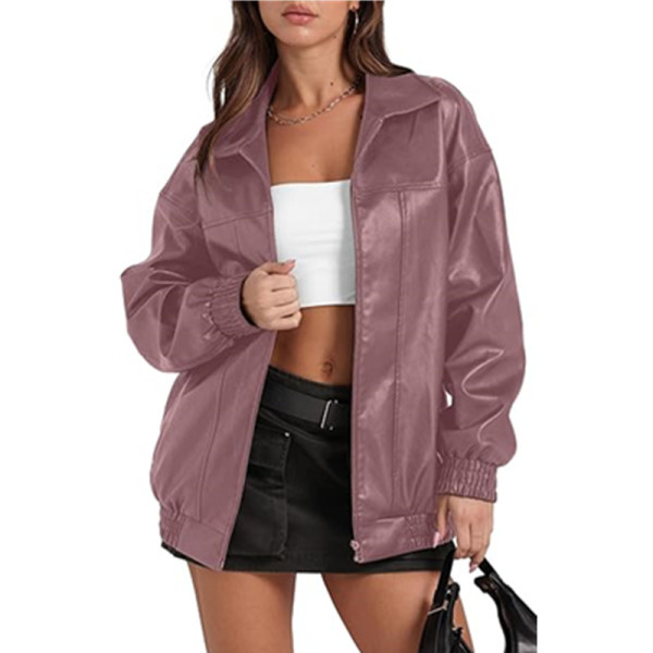 Long Sleeve Collared Zipper PU Leather Jacket GYOU-CX830