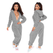 Plus Size Long Sleeve Hooded Plush Jumpsuit GXHF-Y88021