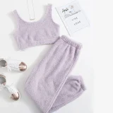 Solid Color Plush Tank Tops Two Piece Pants Set GXHF-X08292163
