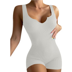 Solid Color Casual Ribbed Slim Rompers GYOU-CX20408