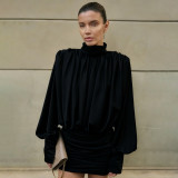 High Collar Ruched Long Sleeve Mini Dress XEF-K25D84820
