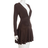 Deep V Neck Long Sleeve Mini Dress GSZM-D25DS484
