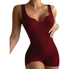 Solid Color Casual Ribbed Slim Rompers GYOU-CX20408