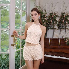 Sexy Halterneck Backless Top Two Piece Shorts Set GFRT-42319SBC
