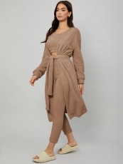 Solid Color Loungewear Plush Tie Up Three Piece Pants Set GXHF-X07092688