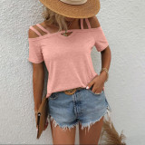 Plus Size Solid Color Short Sleeve Off-Shoulder T-Shirt GYOU-CX3512