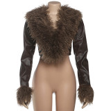 Fur Patchwork Leather V Neck Coat DLSF-K25L85062