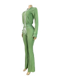 Solid Color Zipper Hooded Micro Flare Pants Suit CH-25066