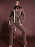 Solid Color Zipper Hooded Micro Flare Pants Suit CH-25066