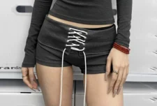 Casual Sports Long-Sleeve Top & Low-Rise Tie-Waist Shorts GWEN-JMKT46586