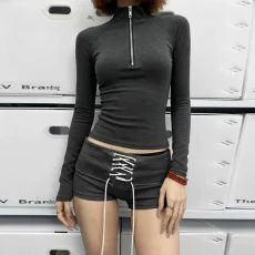 Casual Sports Long-Sleeve Top & Low-Rise Tie-Waist Shorts GWEN-JMKT46586