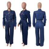 Fashion Long Sleeve Tie Up Denim Jumpsuit LX-3589