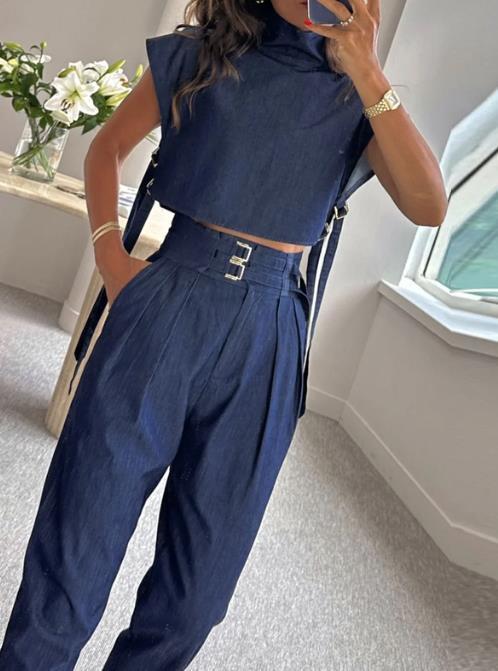 Casual Short Sleeve Denim Two Piece Pant Set GJMF-97779