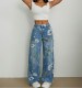 Fashion Print Denim Wide Leg Jeans GYXN-15875#