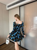 Long Sleeve V Neck Print Ruffles Mini Dress GJMF-97809
