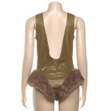 Sleeveless V Neck Plush Patchwork Bodysuit XEF-K25K83444