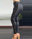 Lace Patchwork PU Leather Pants GJMF-97731