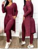 Plus Size Long Sleeve Solid Color Long Coat+Jumpsuit 2 Piece Set GJMF-97763