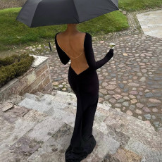 Sexy Backless Chain Long Sleeve Maxi Dress XEF-K25D86126