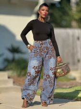 Plus Size Retro Flocked Floral Print Jeans GYLN-8430