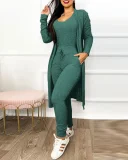 Plus Size Long Sleeve Solid Color Long Coat+Jumpsuit 2 Piece Set GJMF-97763