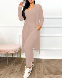 Plus Size Long Sleeve Solid Color Long Coat+Jumpsuit 2 Piece Set GJMF-97763