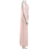 Solid Color Ribbon Ruched Long Dress XEF-K25D87615