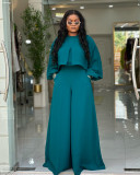 Plus Size Solid Color Lantern Sleeve Tops Two Piece Pants Set NNWF-8153