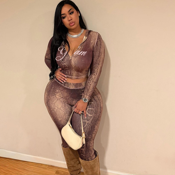 Letter Print Print Zipper Tight Two Piece Pants Set XEF-K25S86708