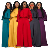 Plus Size Solid Color Lantern Sleeve Tops Two Piece Pants Set NNWF-8153