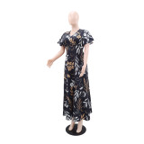 Print Ruffles Sleeve V Neck Midi Dress GYLY-10913