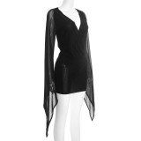 Long Sleeve V Neck Mesh Bodysuit+Skirt 2 Piece Set GDSF-J25ST422