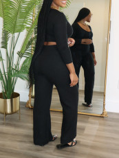 Solid Color Long Sleeve Tops Pants 2 Piece Set ZDF-31385