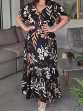 Print Ruffles Sleeve V Neck Midi Dress GYLY-10913