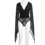Long Sleeve V Neck Mesh Bodysuit+Skirt 2 Piece Set GDSF-J25ST422